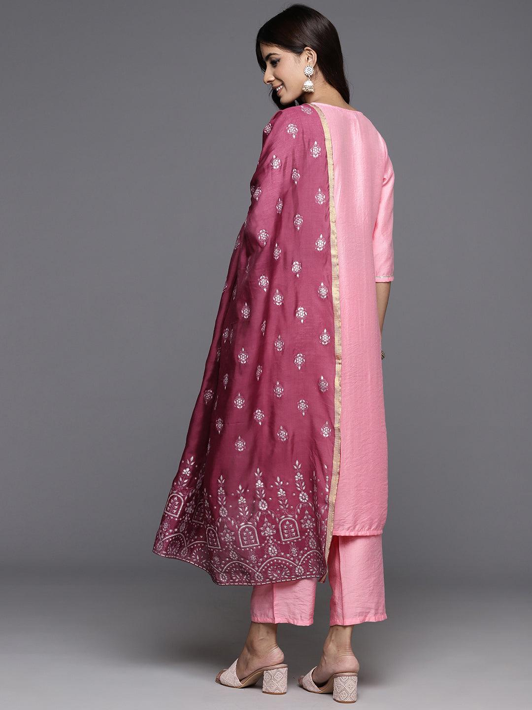 Pink Yoke Design Silk Blend Straight Kurta With Trousers & Dupatta - Libas 