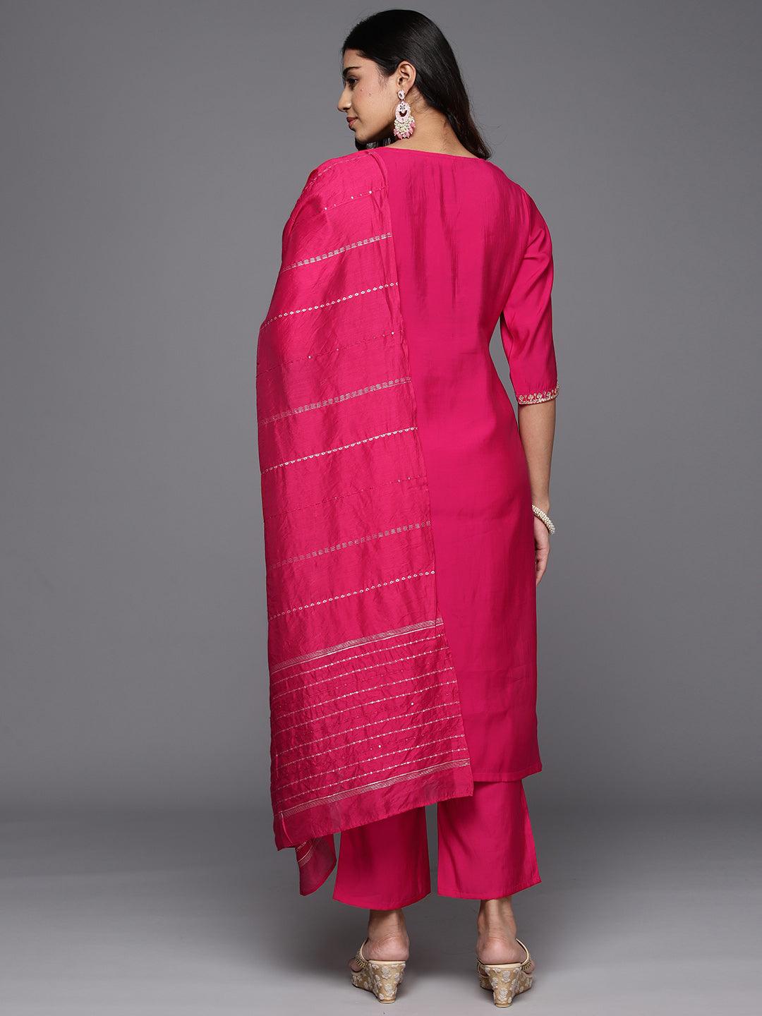 Pink Yoke Design Silk Blend Straight Kurta With Trousers & Dupatta - Libas 