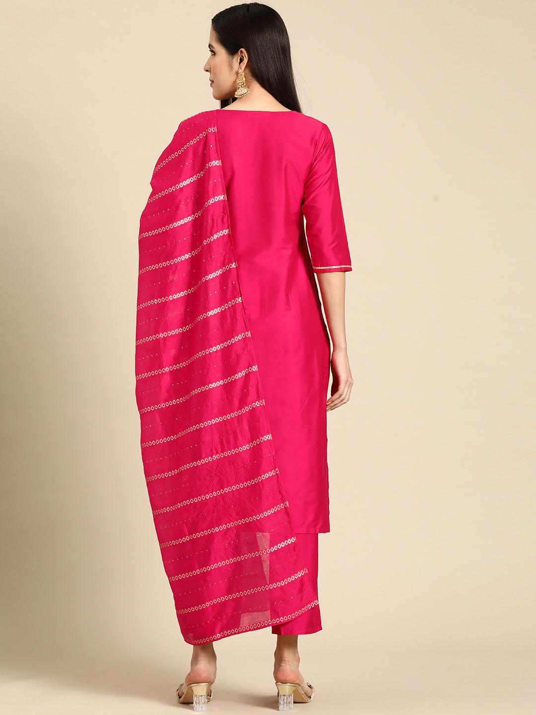 Pink Yoke Design Silk Blend Straight Kurta With Trousers & Dupatta - Libas 