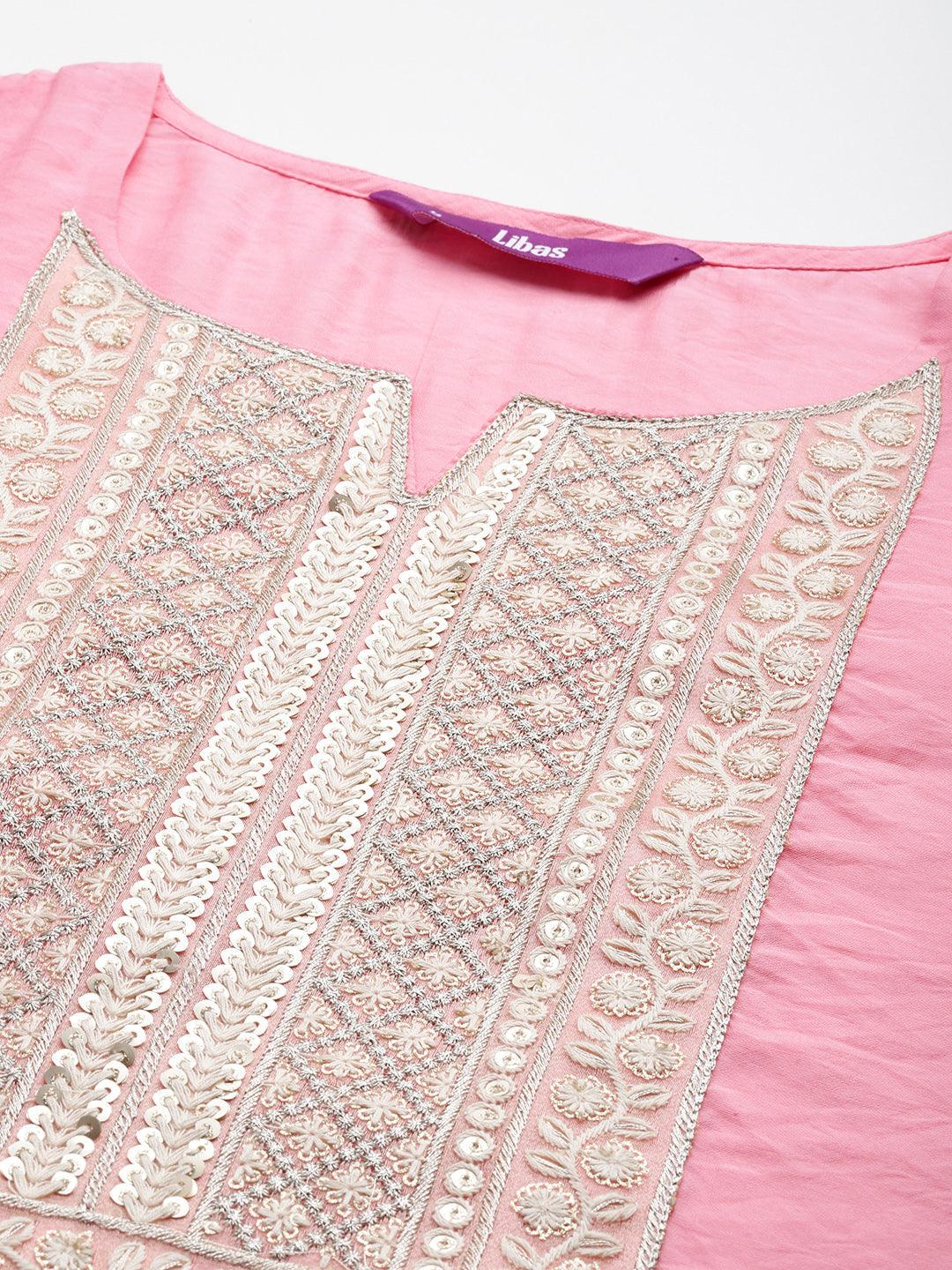 Pink Yoke Design Silk Blend Straight Kurta With Trousers & Dupatta - Libas 