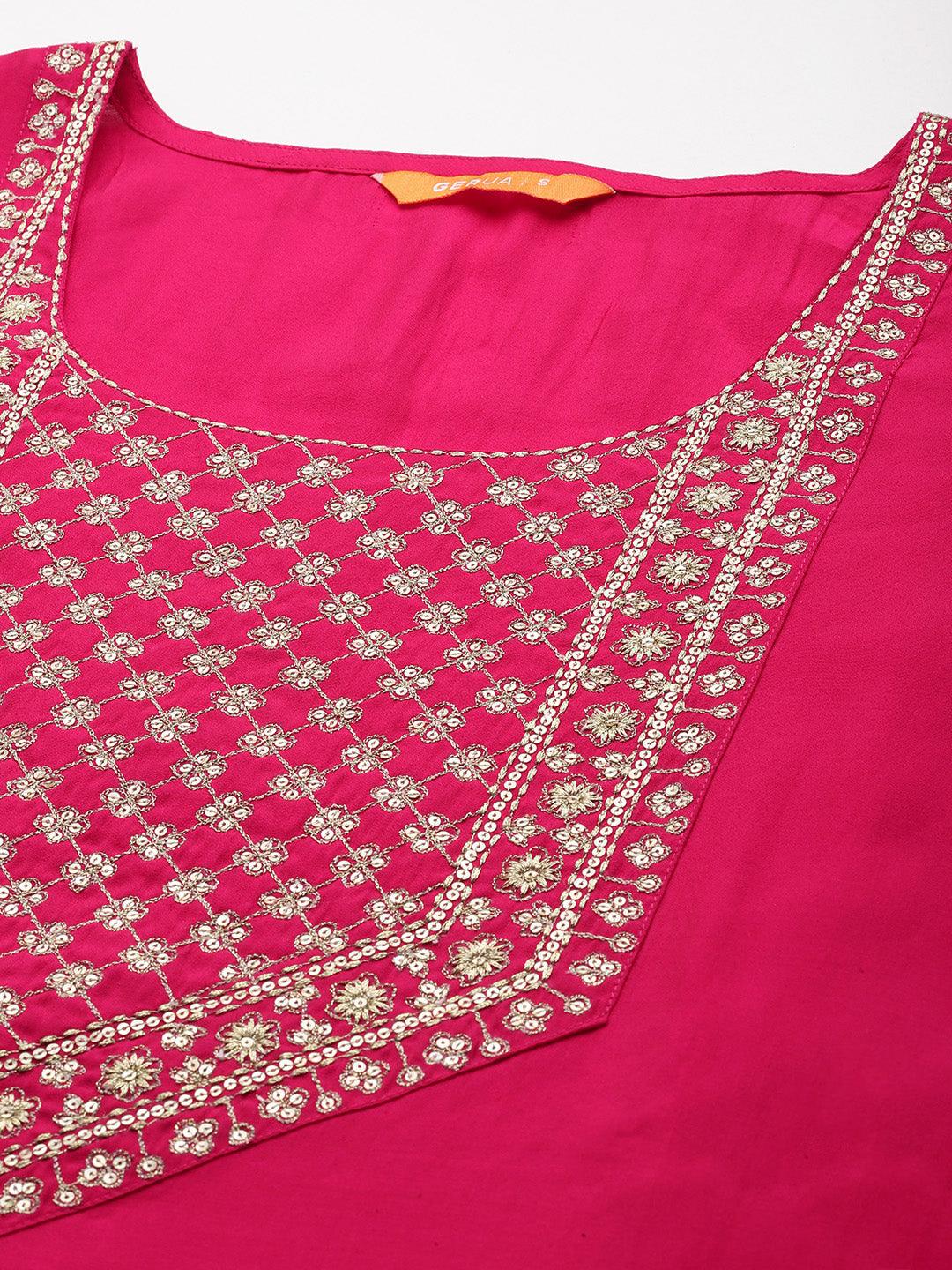 Pink Yoke Design Silk Blend Straight Kurta With Trousers & Dupatta - Libas