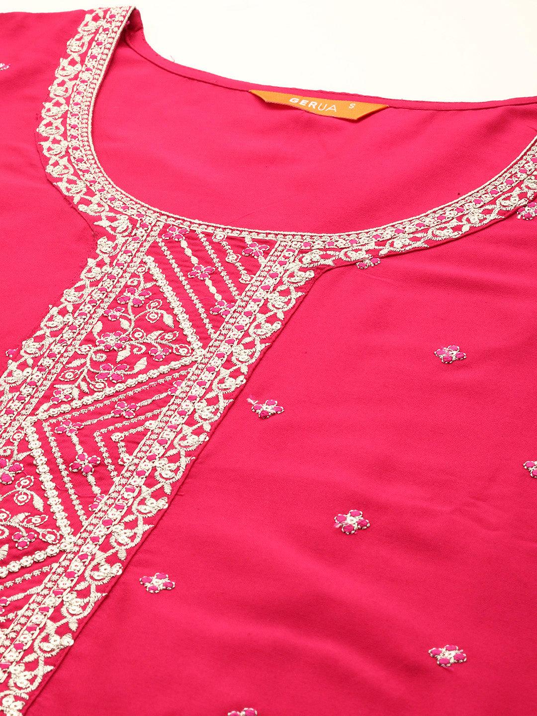 Pink Yoke Design Silk Blend Straight Kurta With Trousers & Dupatta - Libas