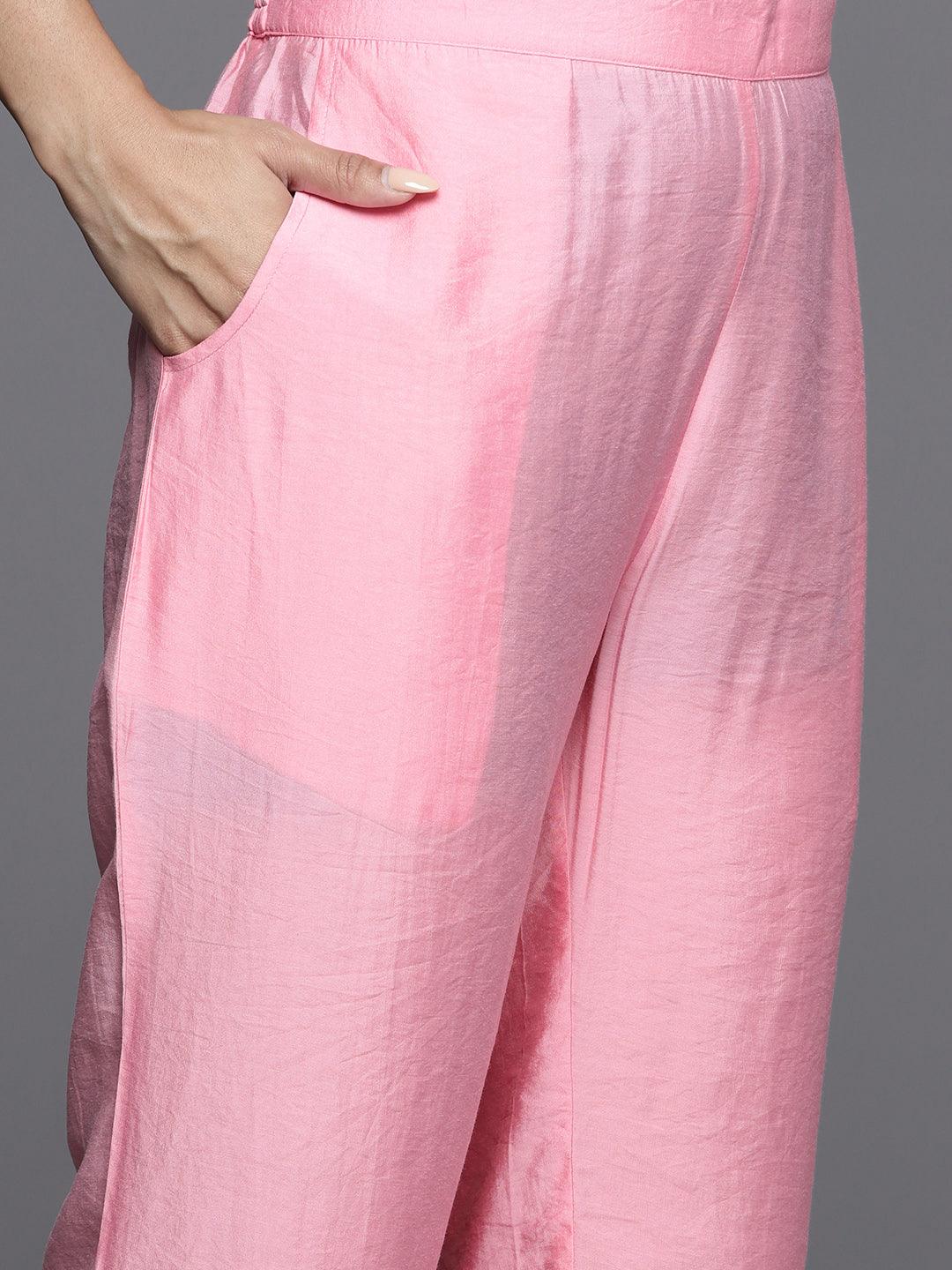 Pink Yoke Design Silk Blend Straight Kurta With Trousers & Dupatta - Libas 