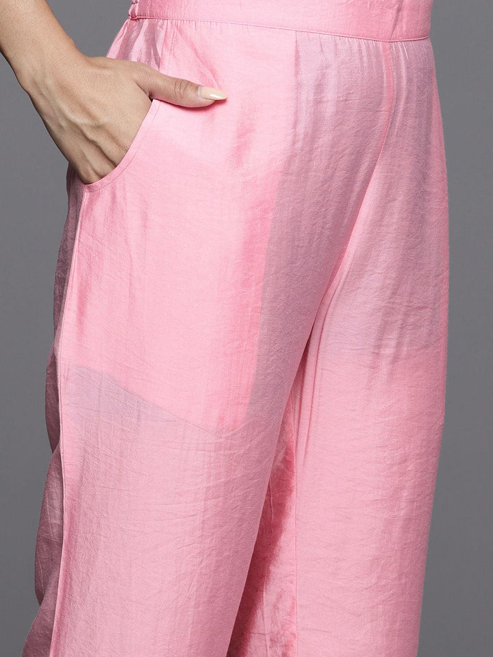 Pink Yoke Design Silk Blend Straight Kurta With Trousers & Dupatta - Libas