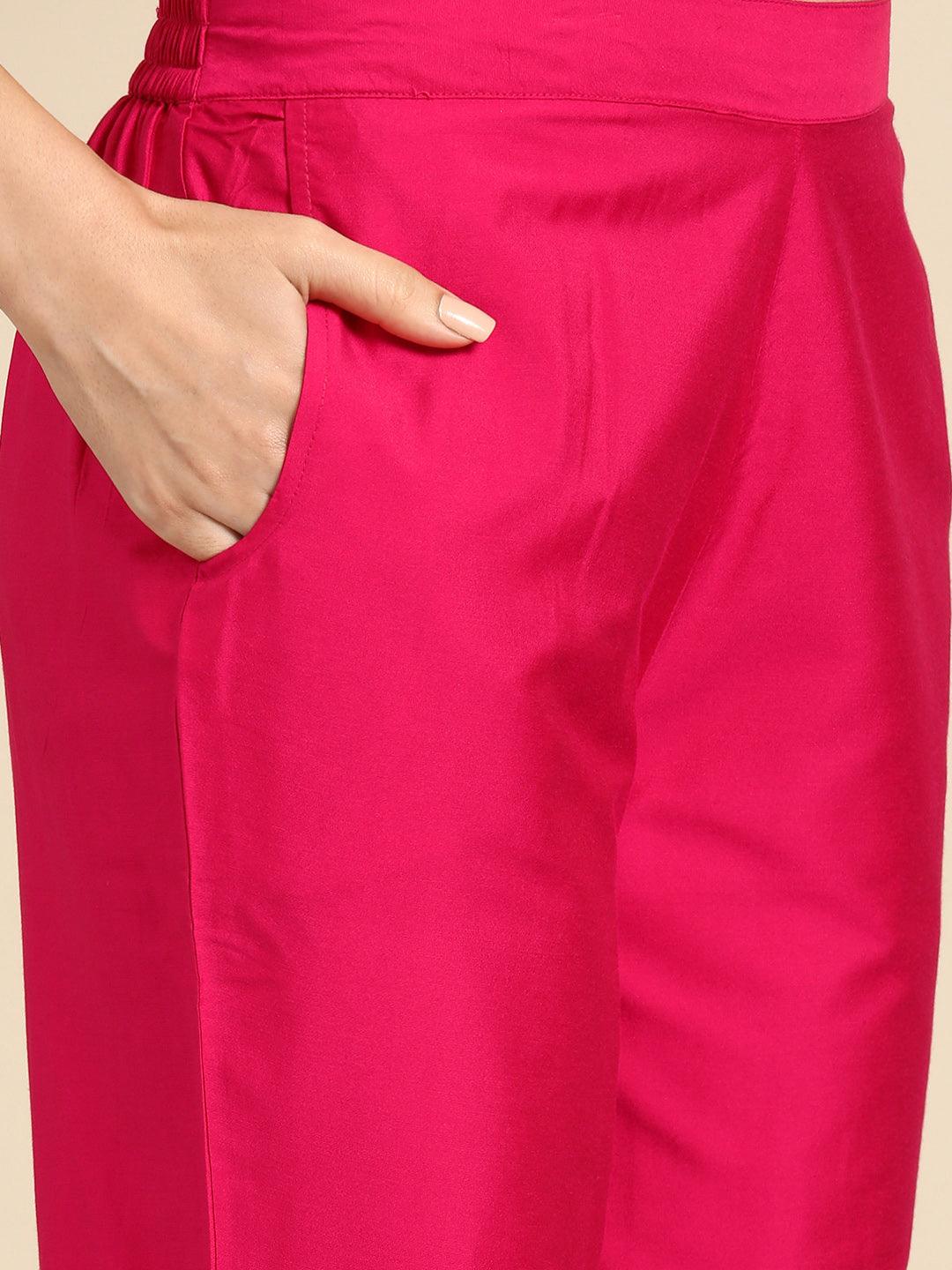 Pink Yoke Design Silk Blend Straight Kurta With Trousers & Dupatta - Libas 