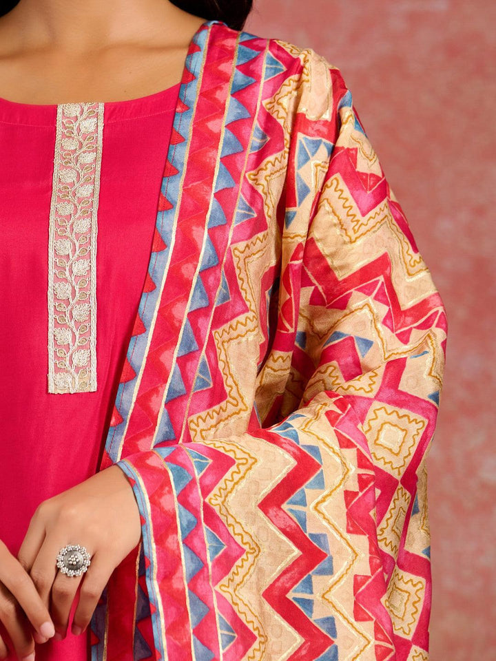 Pink Yoke Design Silk Blend Straight Kurta With Trousers & Dupatta - Libas