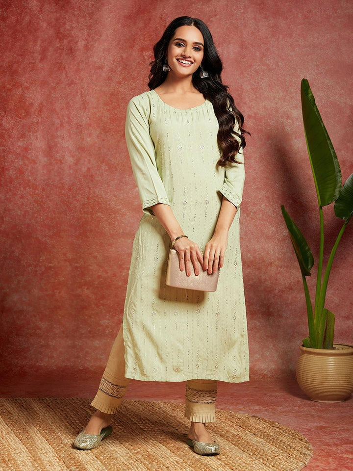 Pista Green Embroidered Rayon Straight Kurta - Libas