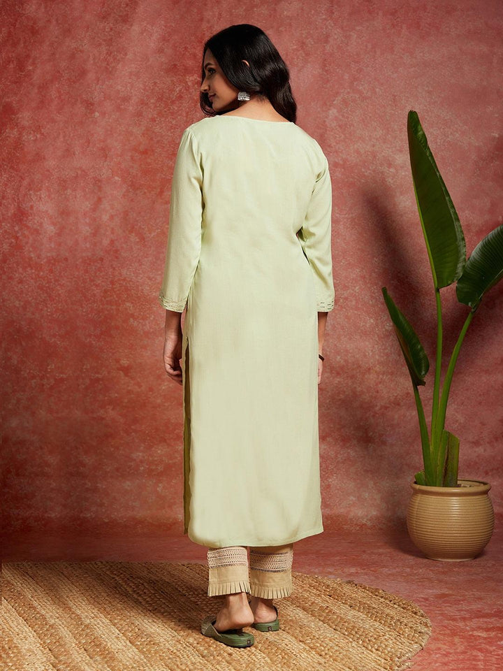 Pista Green Embroidered Rayon Straight Kurta - Libas