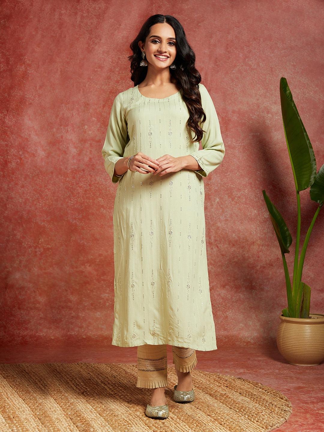 Pista Green Embroidered Rayon Straight Kurta - Libas