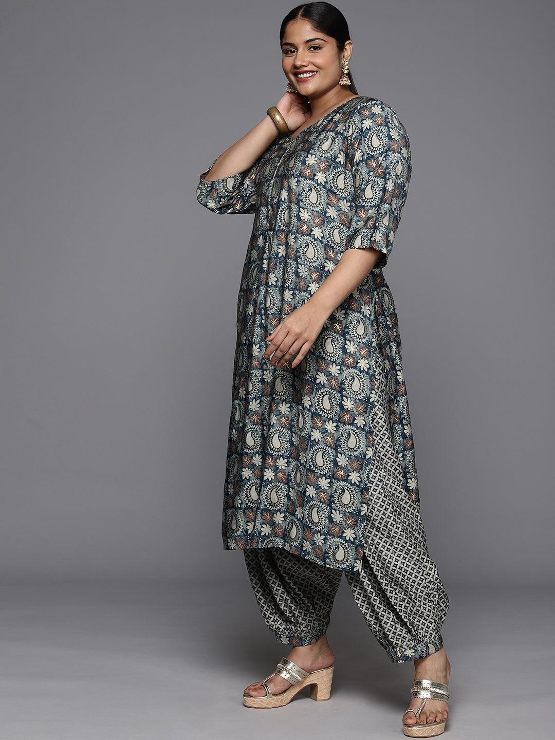 Plus Size Blue Printed Silk Blend Straight Kurta With Salwar & Dupatta - Libas