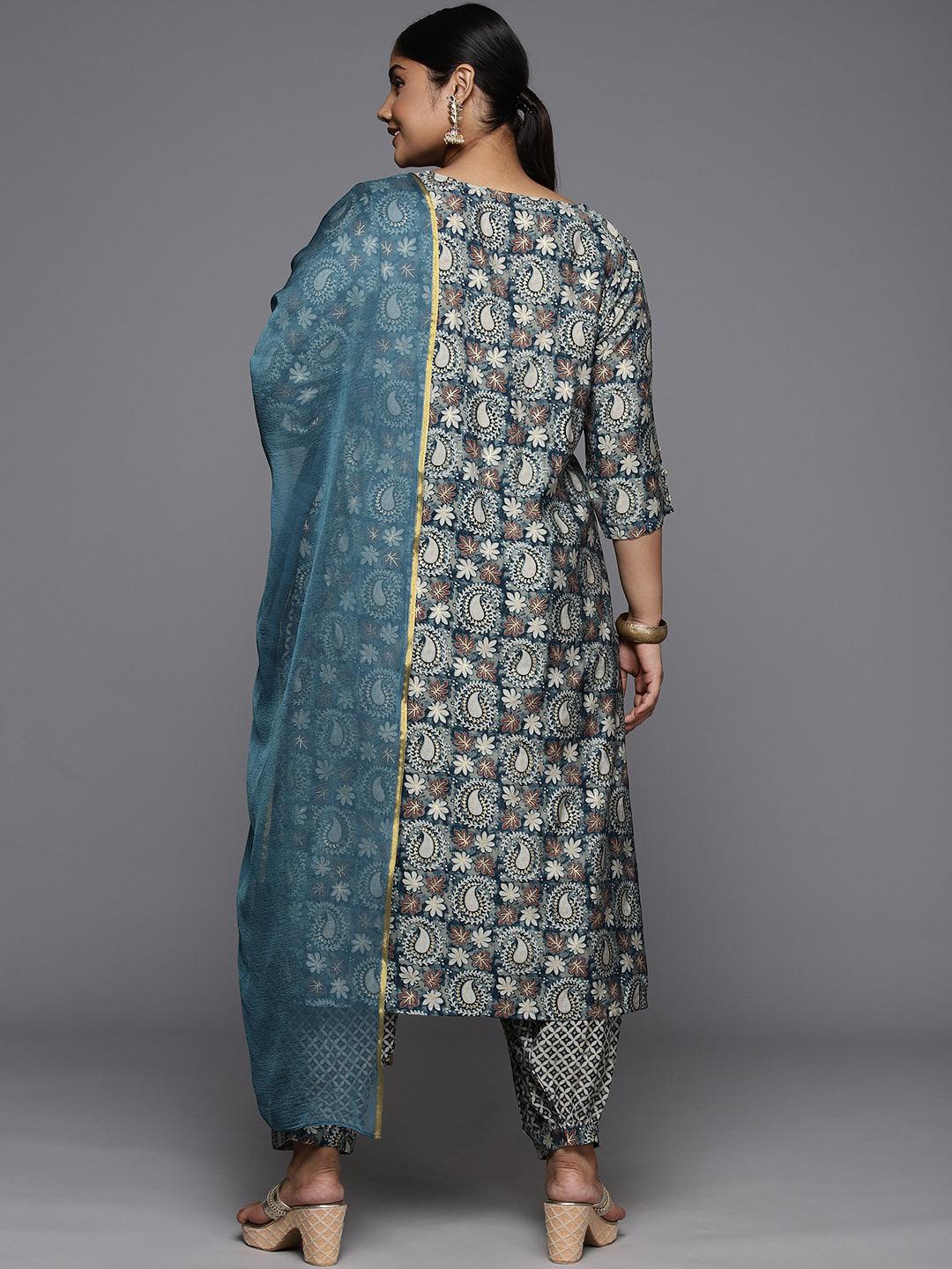 Plus Size Blue Printed Silk Blend Straight Kurta With Salwar & Dupatta - Libas