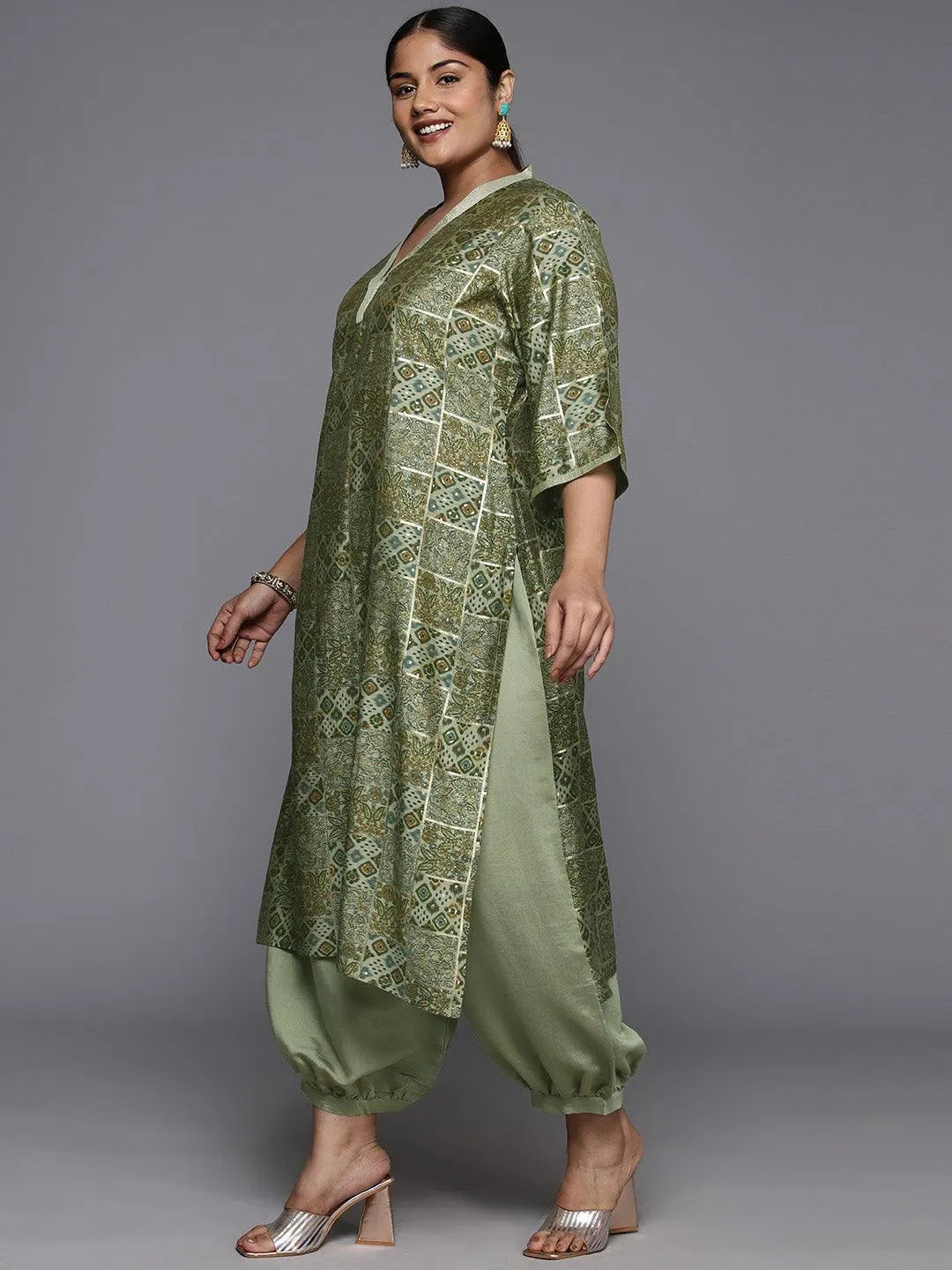 Plus Size Green Printed Silk Blend Straight Kurta With Salwar & Dupatta - Libas