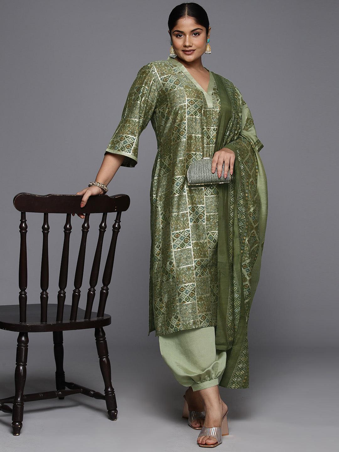 Plus Size Green Printed Silk Blend Straight Kurta With Salwar & Dupatta - Libas