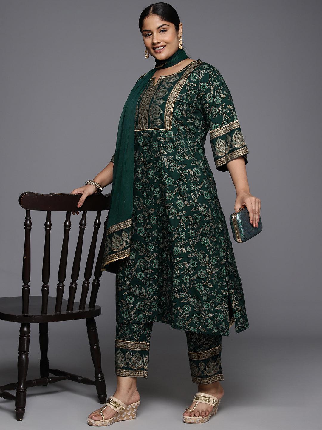 Plus Size Green Yoke Design Rayon A-Line Kurta With Trousers & Dupatta - Libas