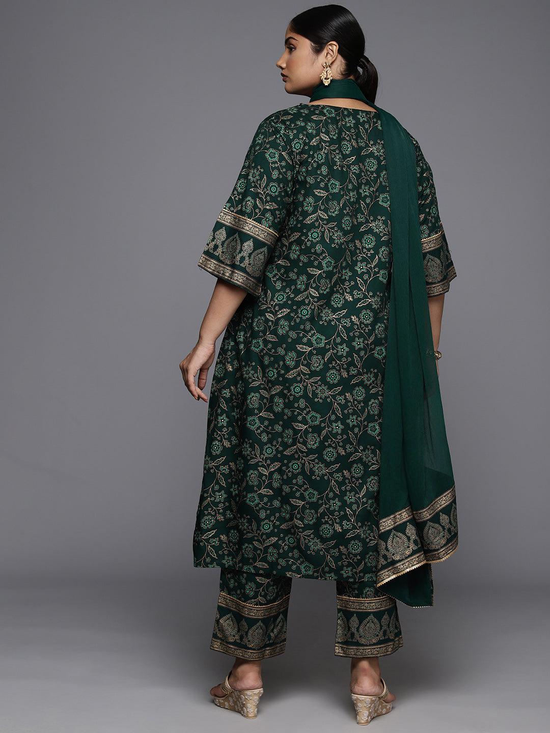 Plus Size Green Yoke Design Rayon A-Line Kurta With Trousers & Dupatta - Libas