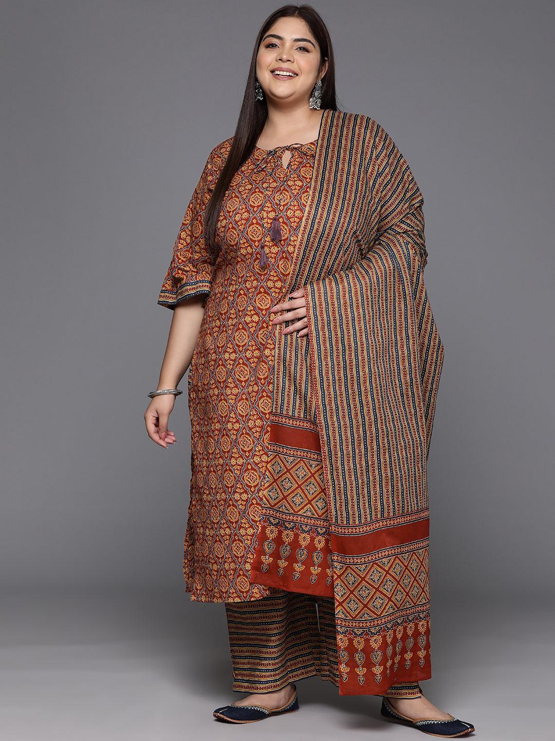 Plus Size Maroon Printed Cotton Straight Kurta With Trousers & Dupatta - Libas