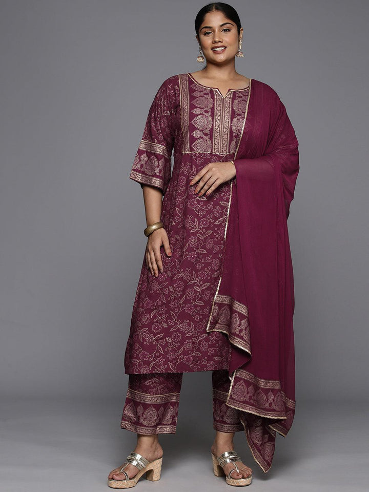 Plus Size Maroon Yoke Design Rayon A-Line Kurta With Trousers & Dupatta - Libas