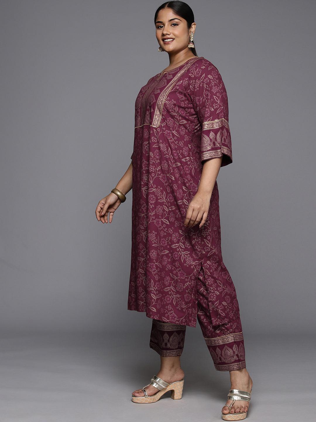 Plus Size Maroon Yoke Design Rayon A-Line Kurta With Trousers & Dupatta - Libas