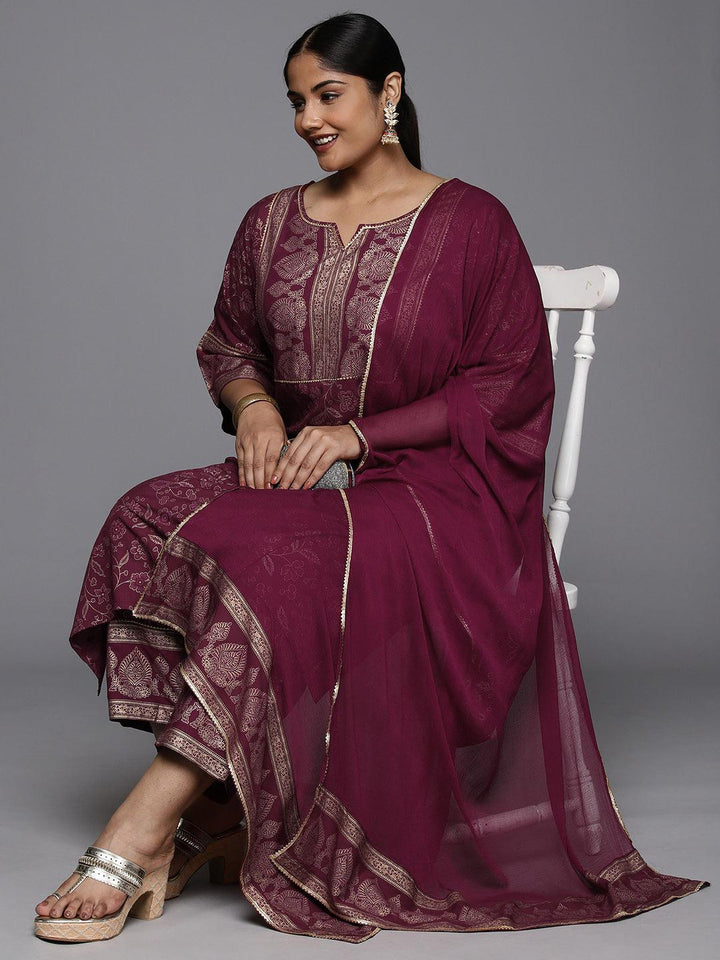 Plus Size Maroon Yoke Design Rayon A-Line Kurta With Trousers & Dupatta - Libas