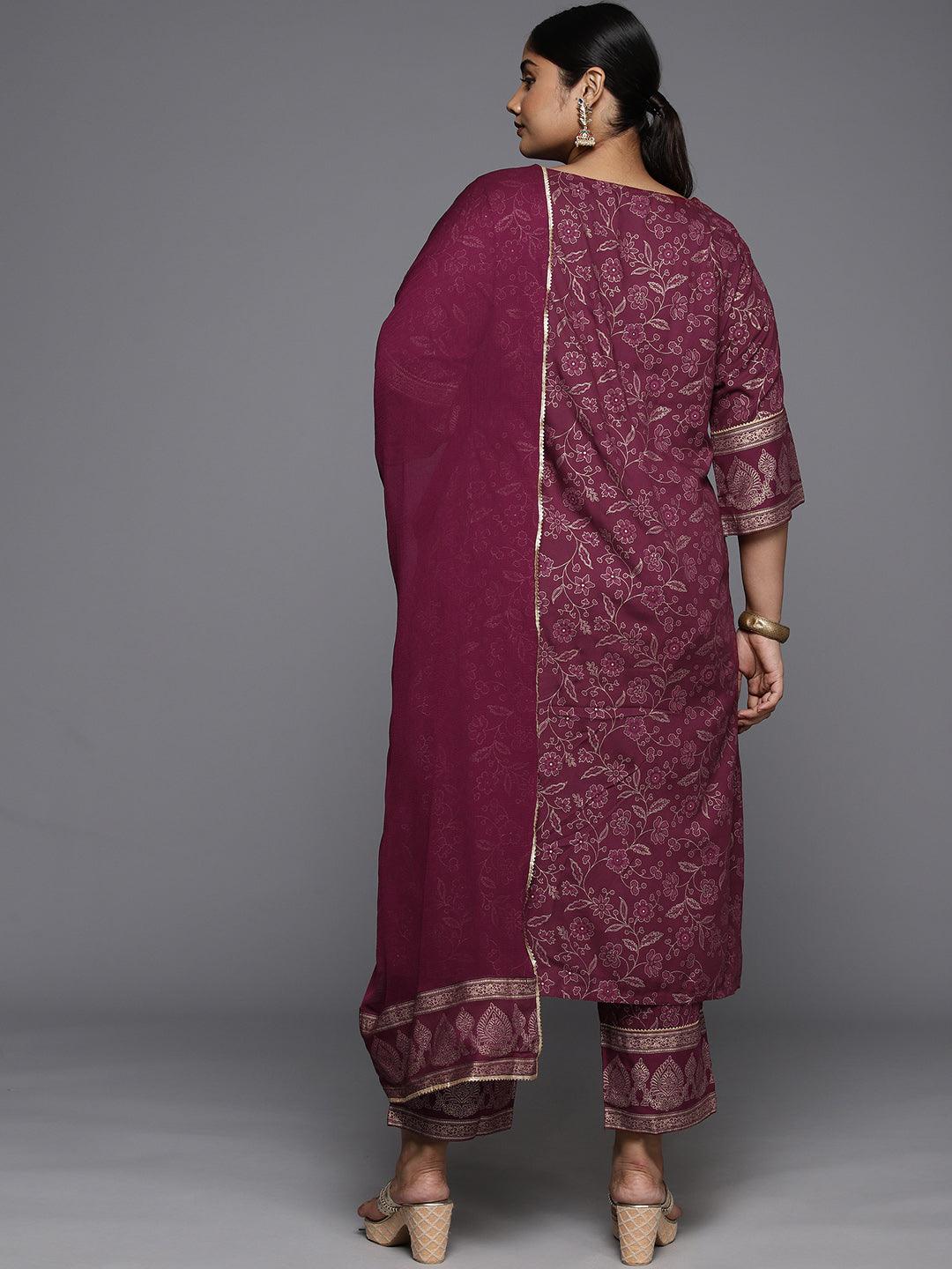 Plus Size Maroon Yoke Design Rayon A-Line Kurta With Trousers & Dupatta - Libas