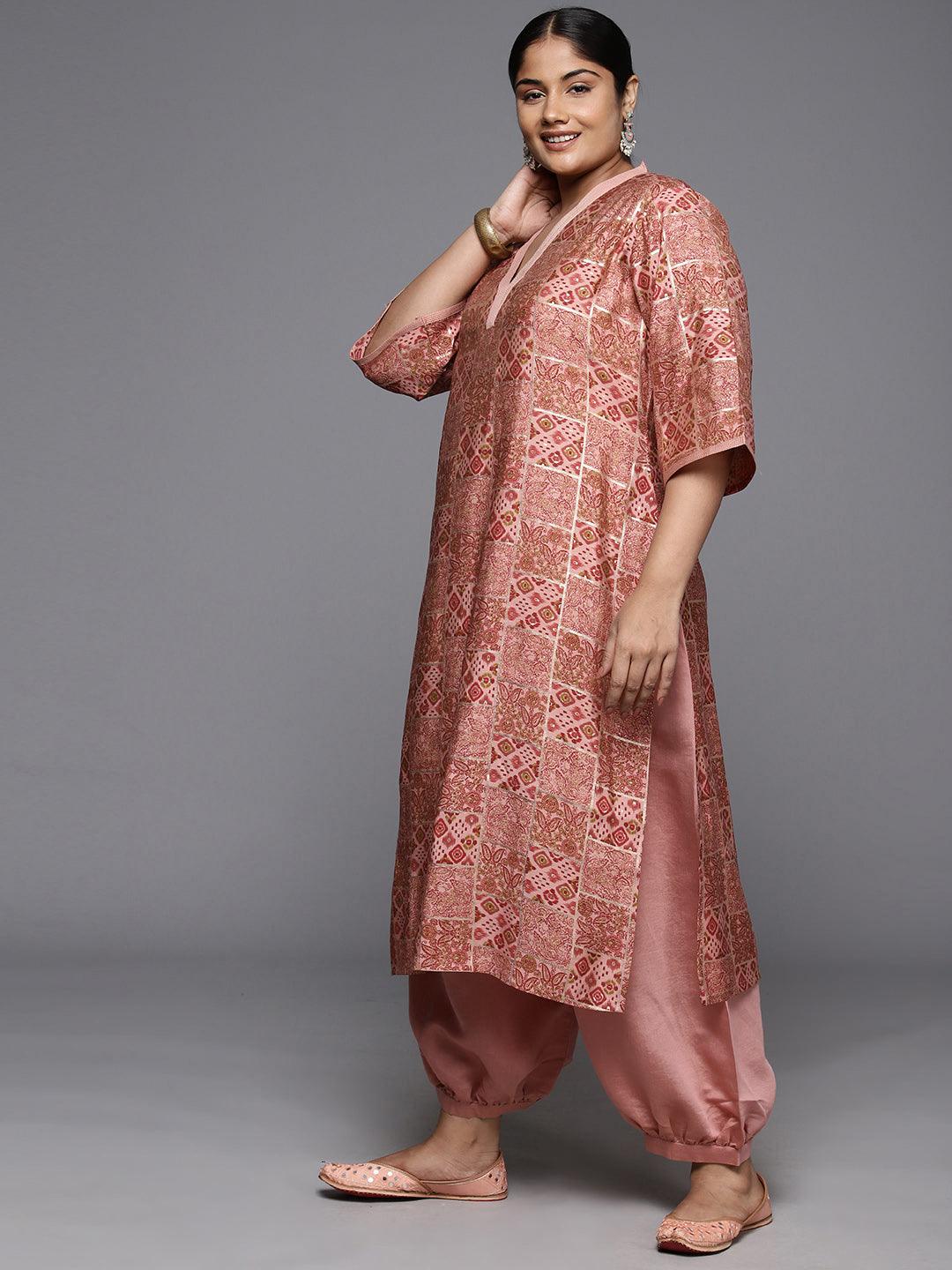 Plus Size Peach Printed Silk Blend Straight Kurta With Salwar & Dupatta - Libas