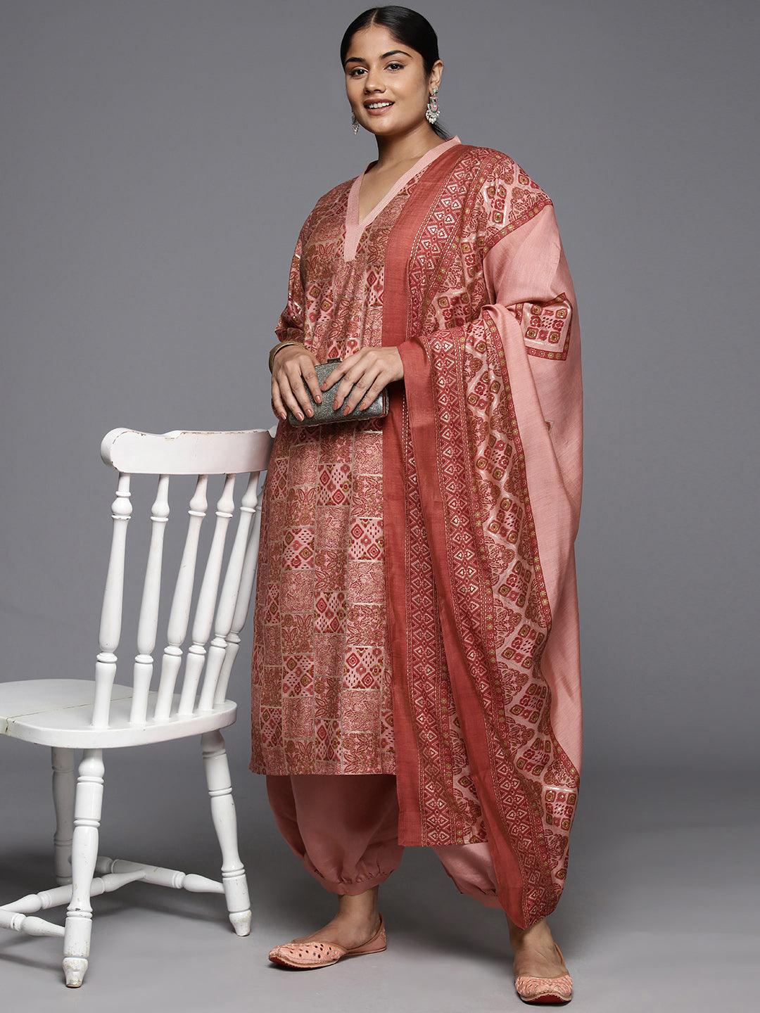 Plus Size Peach Printed Silk Blend Straight Kurta With Salwar & Dupatta - Libas