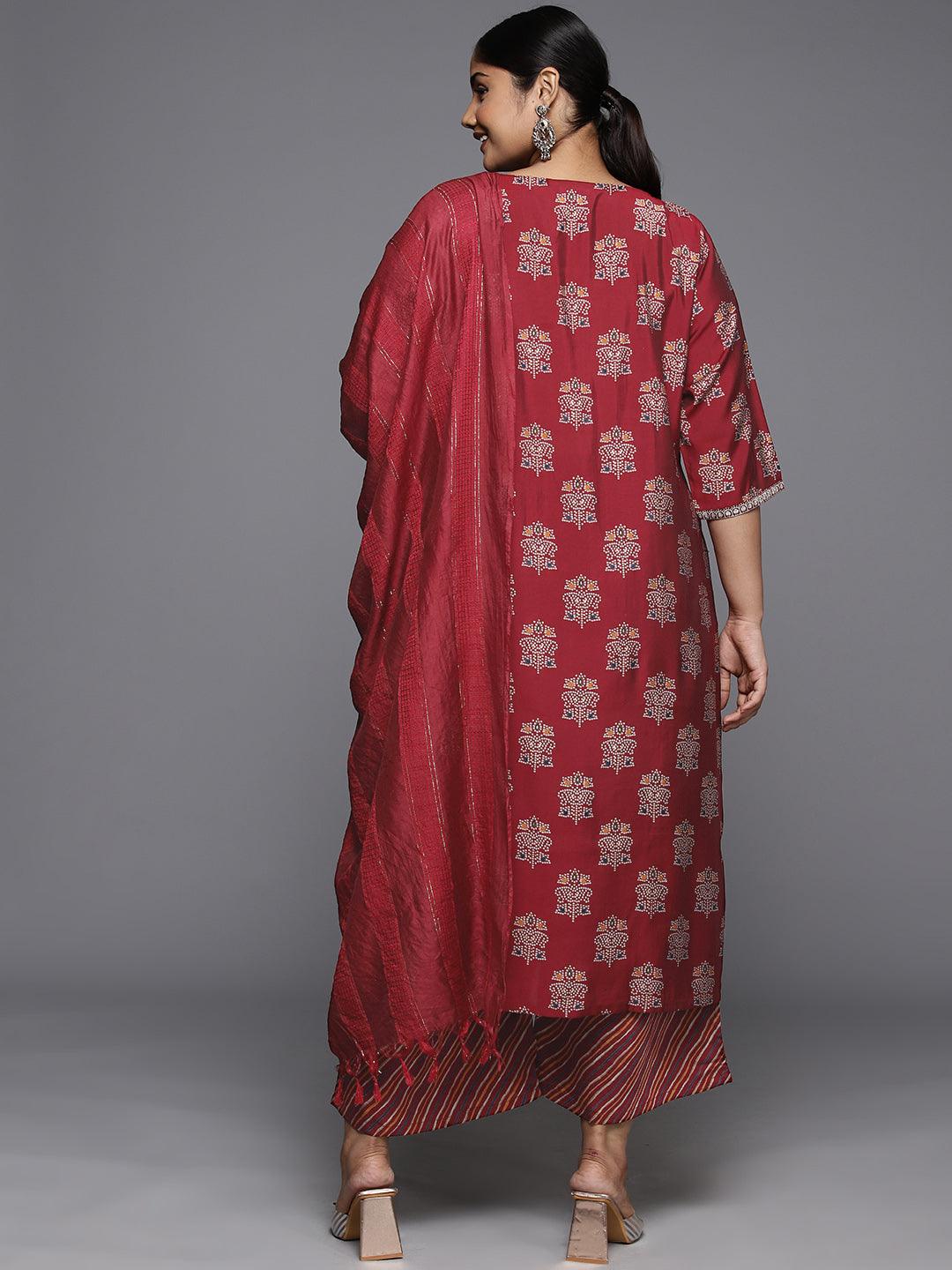 Plus Size Red Printed Silk Blend Straight Kurta With Palazzos & Dupatta - Libas