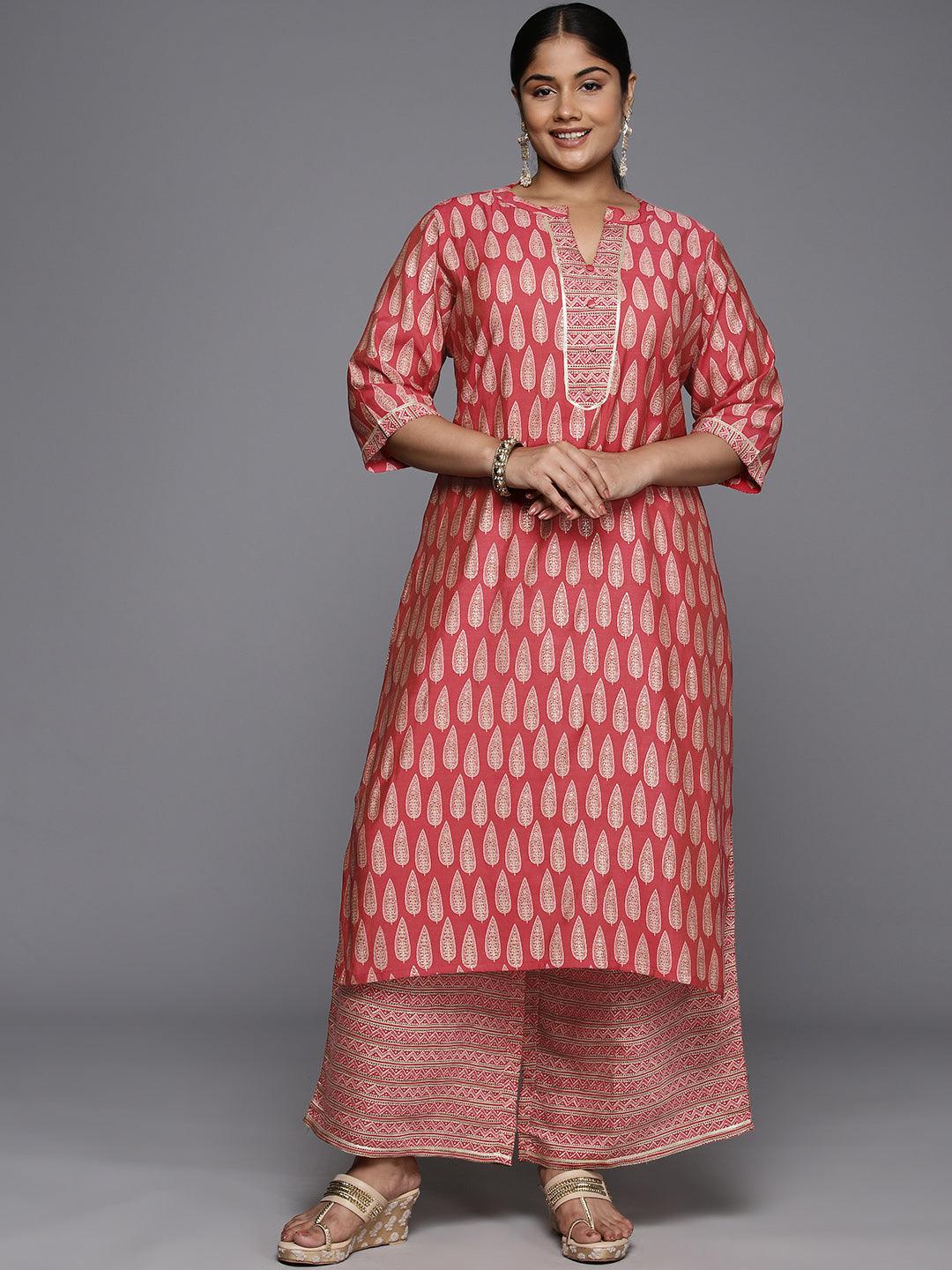 Plus Size Red Printed Silk Blend Straight Kurta With Palazzos - Libas 