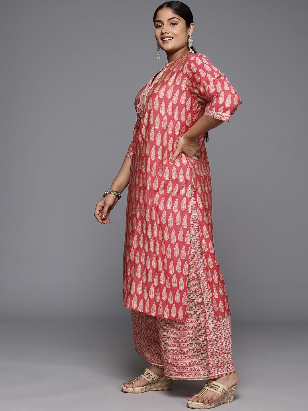 Plus Size Red Printed Silk Blend Straight Kurta With Palazzos - Libas 