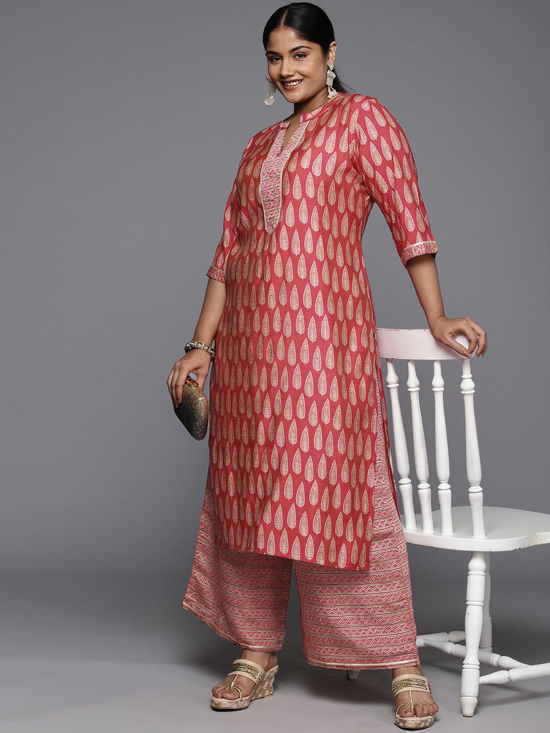 Plus Size Red Printed Silk Blend Straight Kurta With Palazzos - Libas 