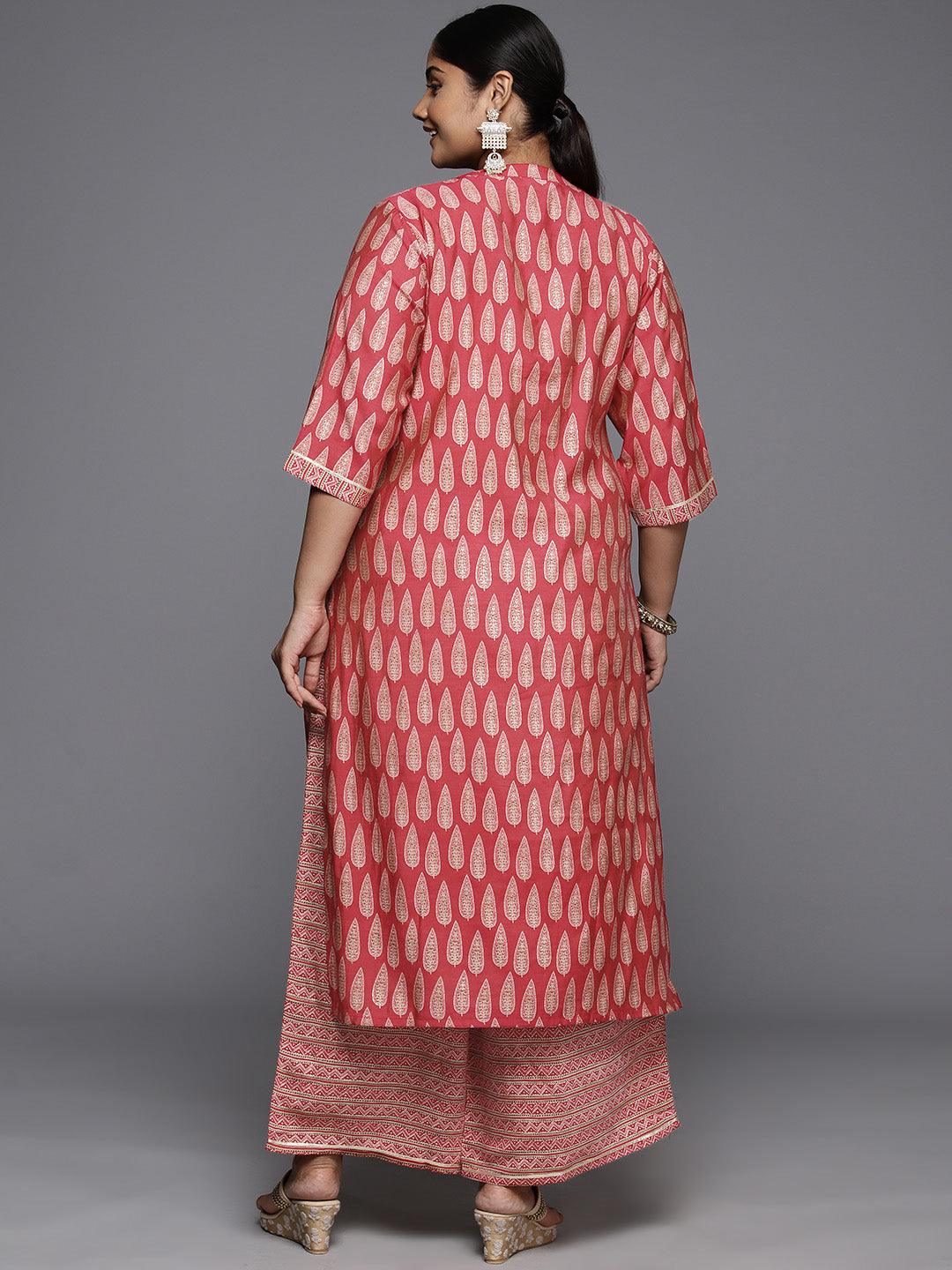 Plus Size Red Printed Silk Blend Straight Kurta With Palazzos - Libas 