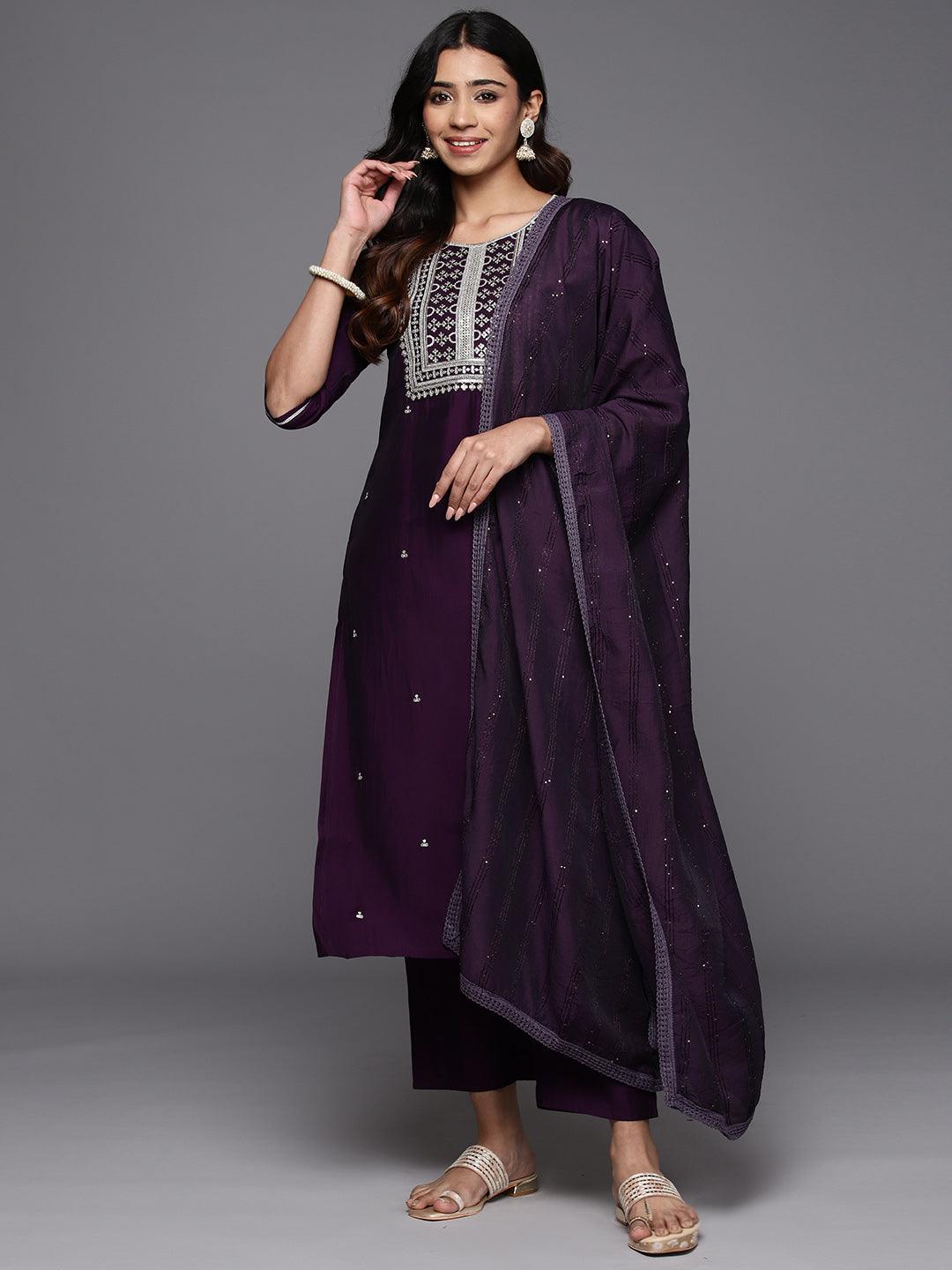 Purple Embroidered Silk Blend Straight Kurta With Trousers & Dupatta - Libas 