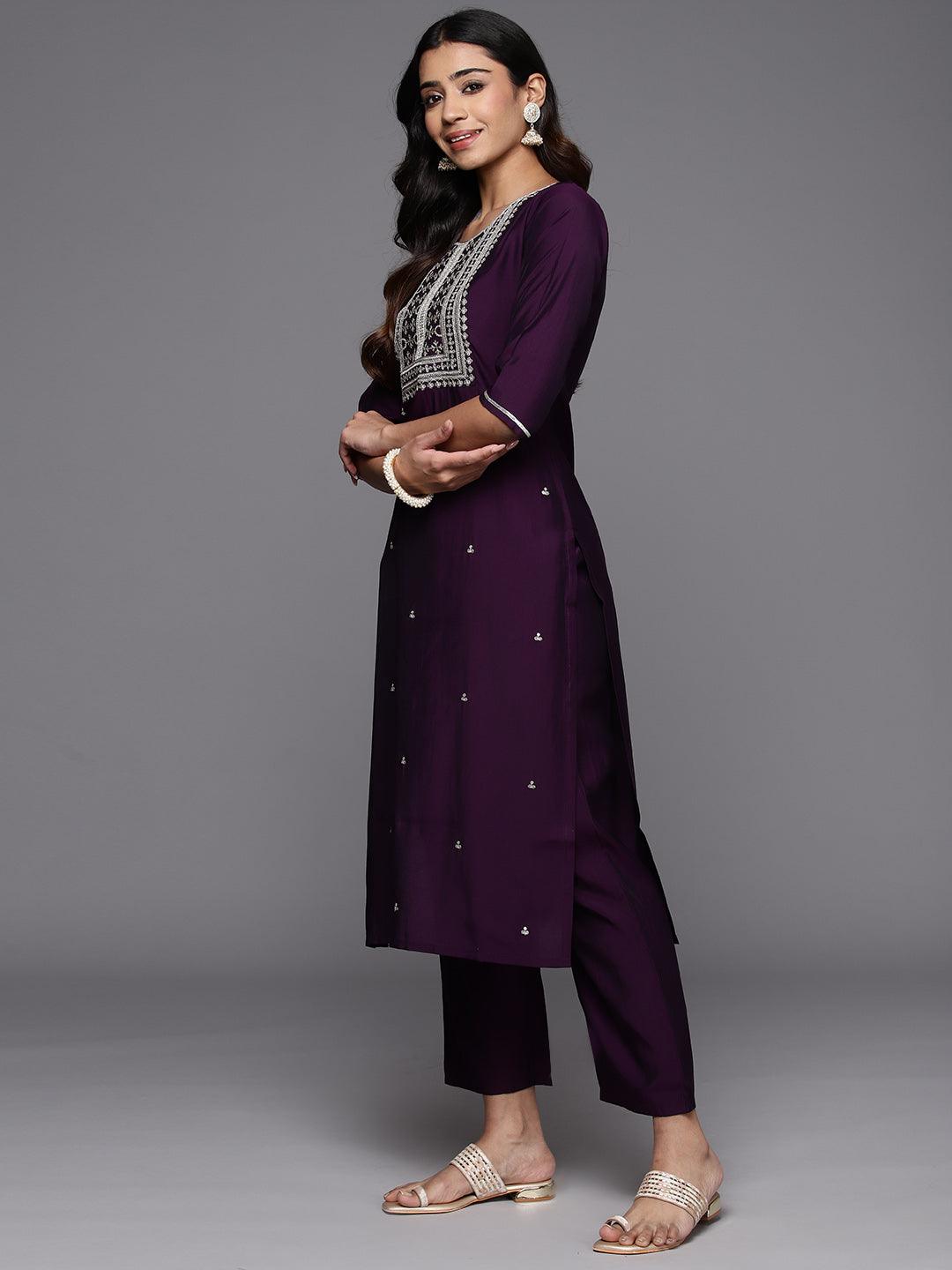 Purple Embroidered Silk Blend Straight Kurta With Trousers & Dupatta - Libas