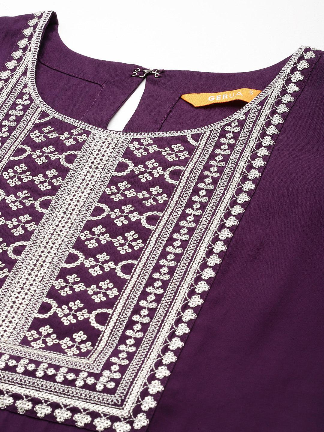 Purple Embroidered Silk Blend Straight Kurta With Trousers & Dupatta - Libas