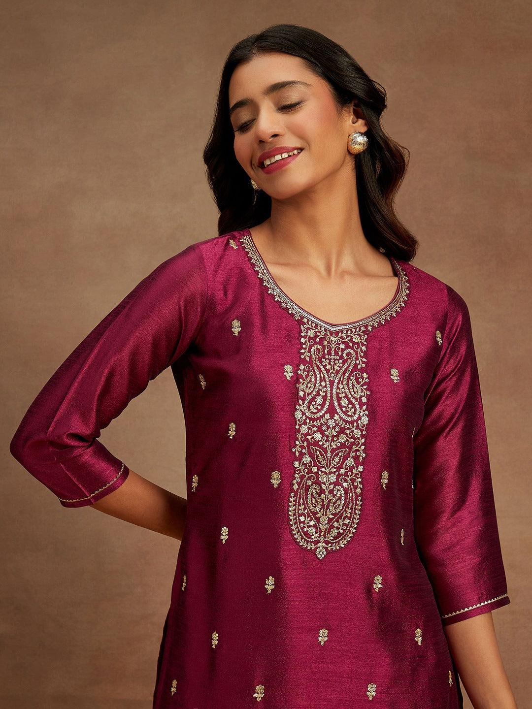 Purple Embroidered Silk Straight Kurta - Libas