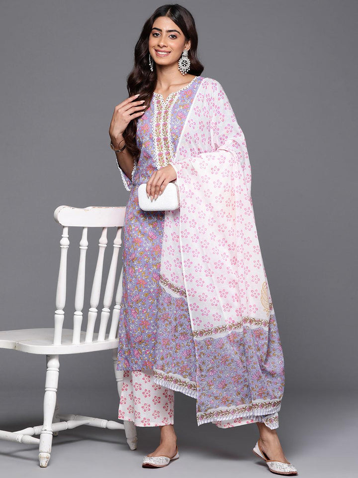 Purple Printed Cotton Straight Kurta With Palazzos & Dupatta - Libas