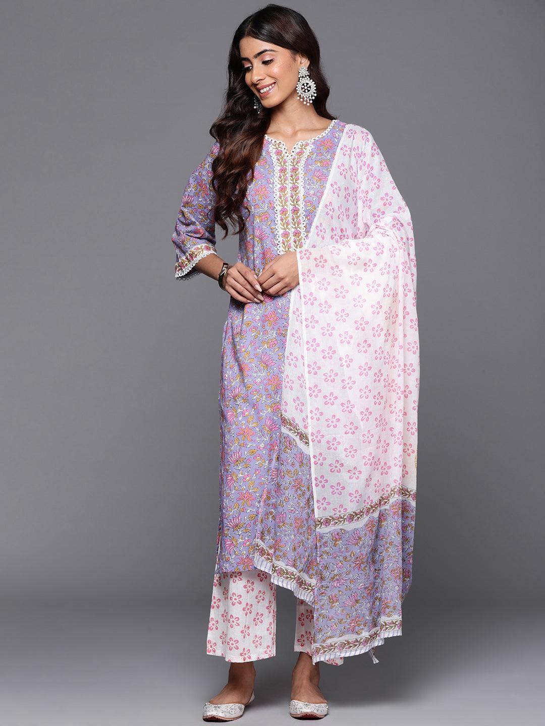 Purple Printed Cotton Straight Kurta With Palazzos & Dupatta - Libas