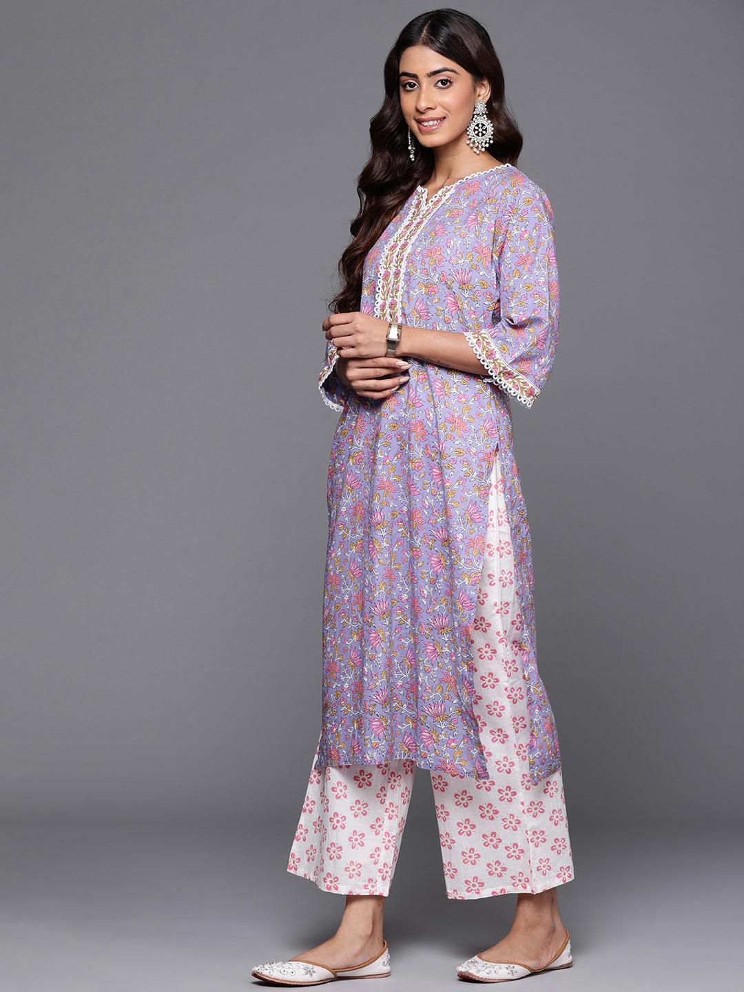 Purple Printed Cotton Straight Kurta With Palazzos & Dupatta - Libas