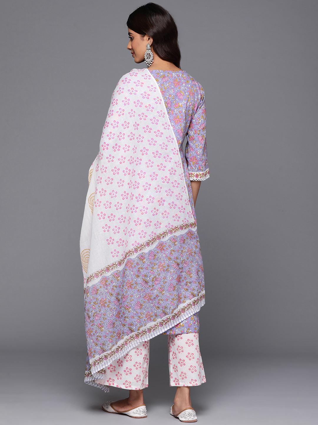 Purple Printed Cotton Straight Kurta With Palazzos & Dupatta - Libas