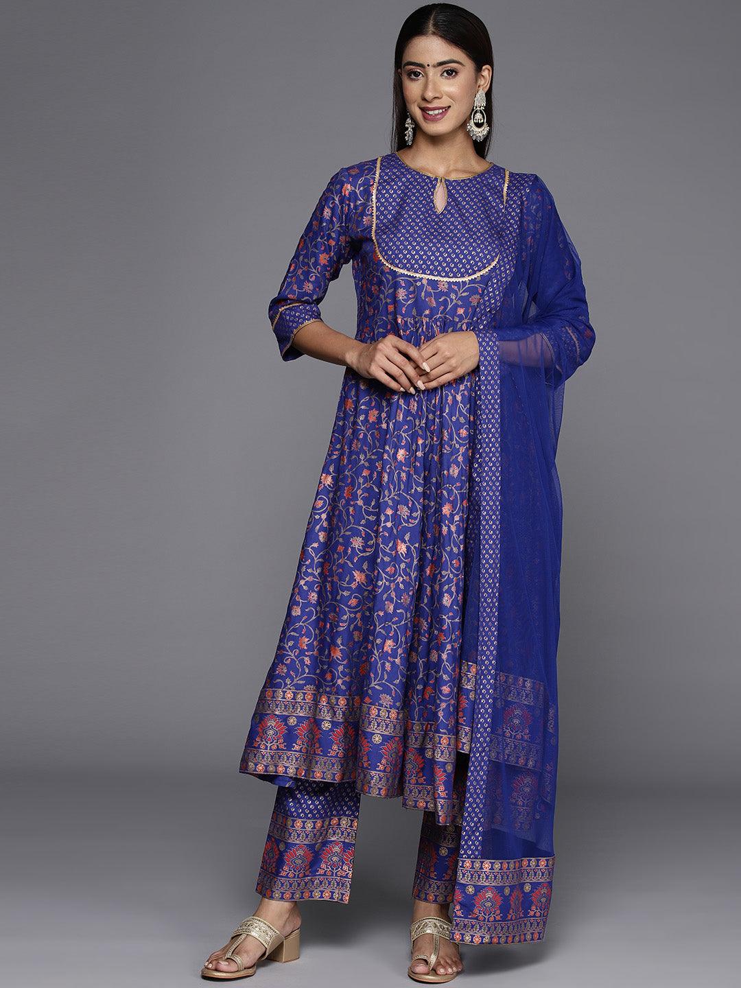 Purple Printed Rayon Anarkali Kurta With Trousers & Dupatta - Libas