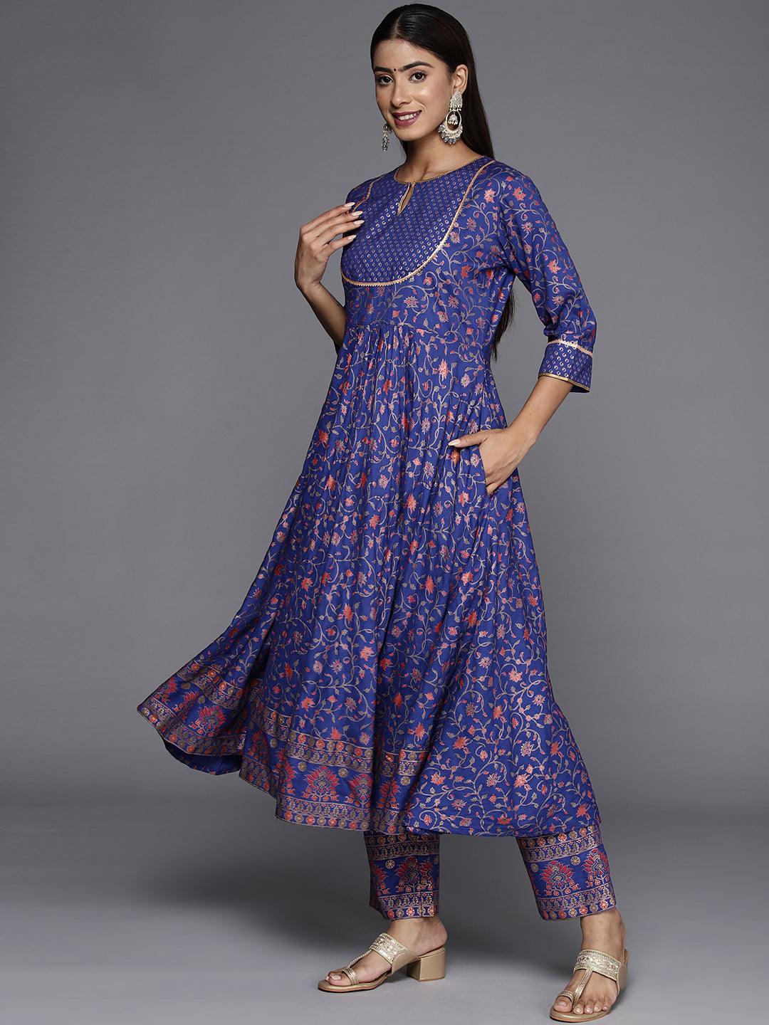 Purple Printed Rayon Anarkali Kurta With Trousers & Dupatta - Libas