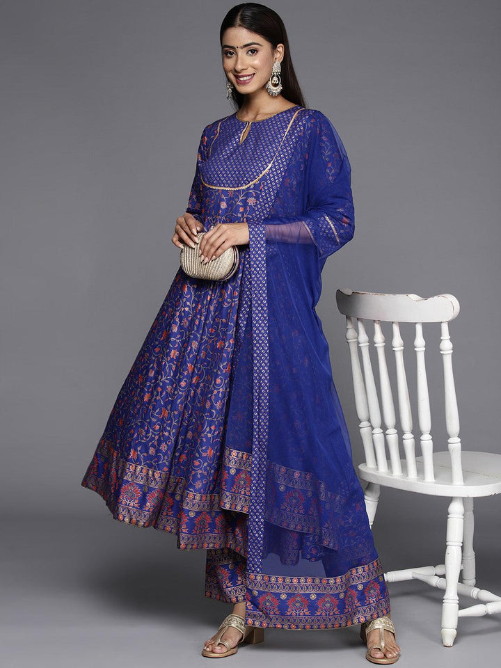 Purple Printed Rayon Anarkali Kurta With Trousers & Dupatta - Libas