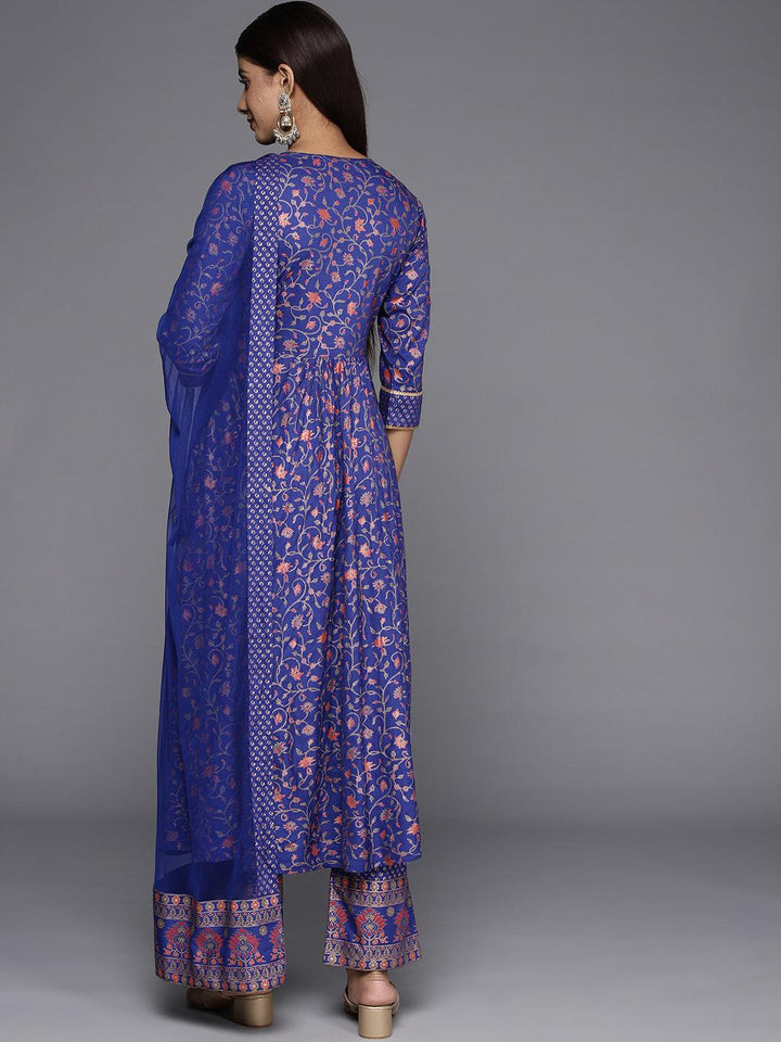 Purple Printed Rayon Anarkali Kurta With Trousers & Dupatta - Libas