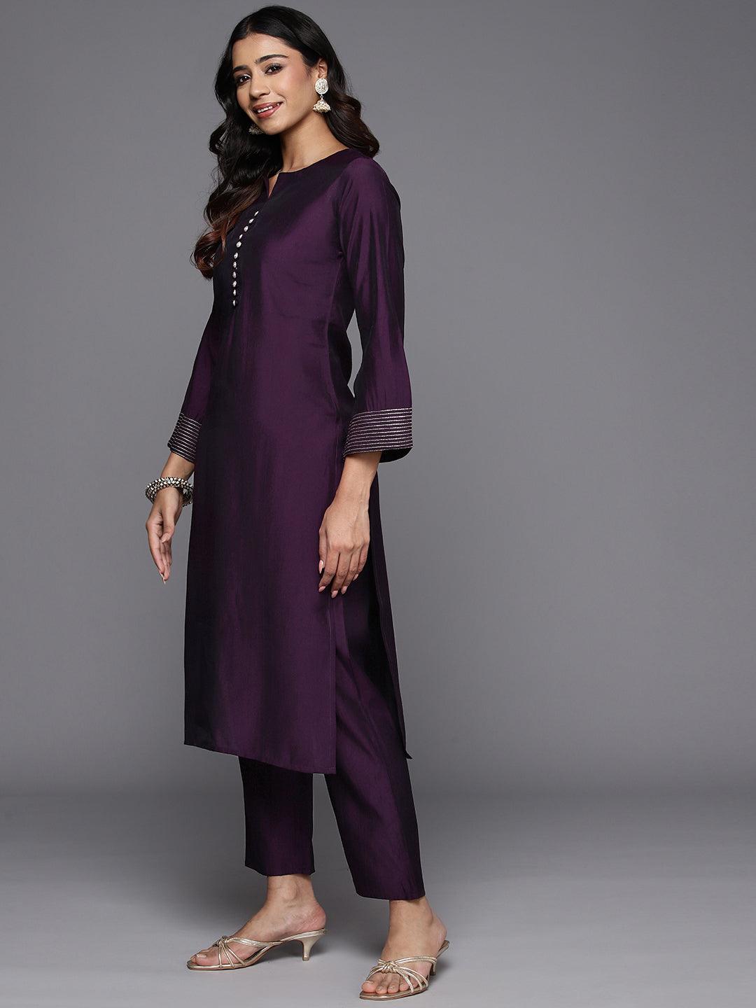 Purple Solid Silk Blend Straight Kurta With Trousers & Dupatta - Libas