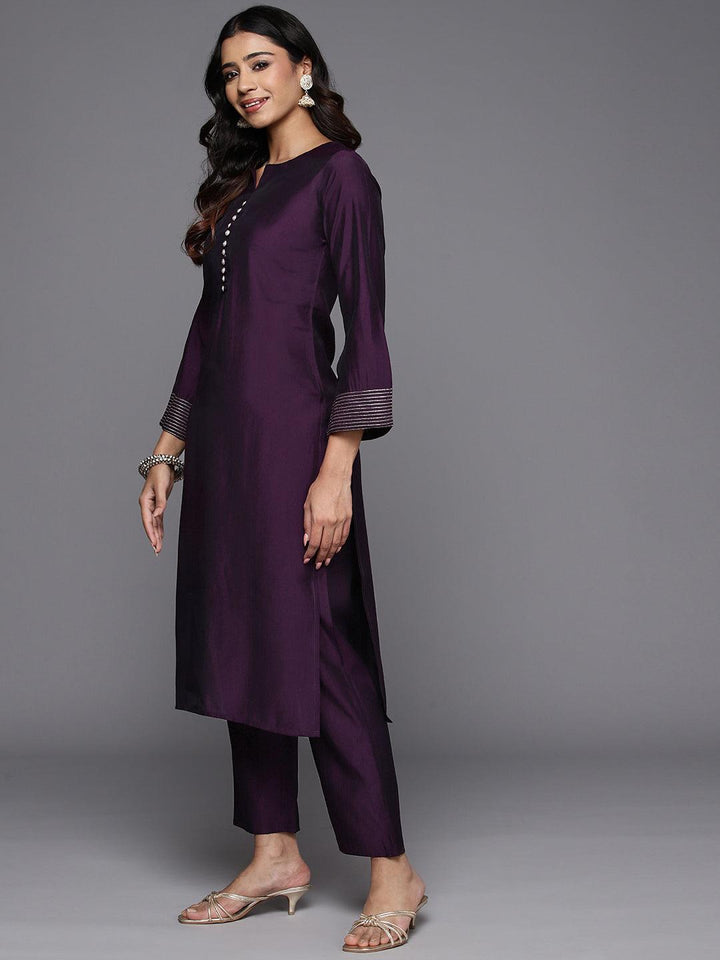 Purple Solid Silk Blend Straight Kurta With Trousers & Dupatta - Libas