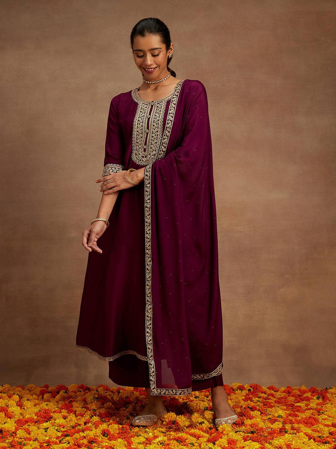 Purple Yoke Design Silk Blend A-Line Kurta With Palazzos & Dupatta - Libas 