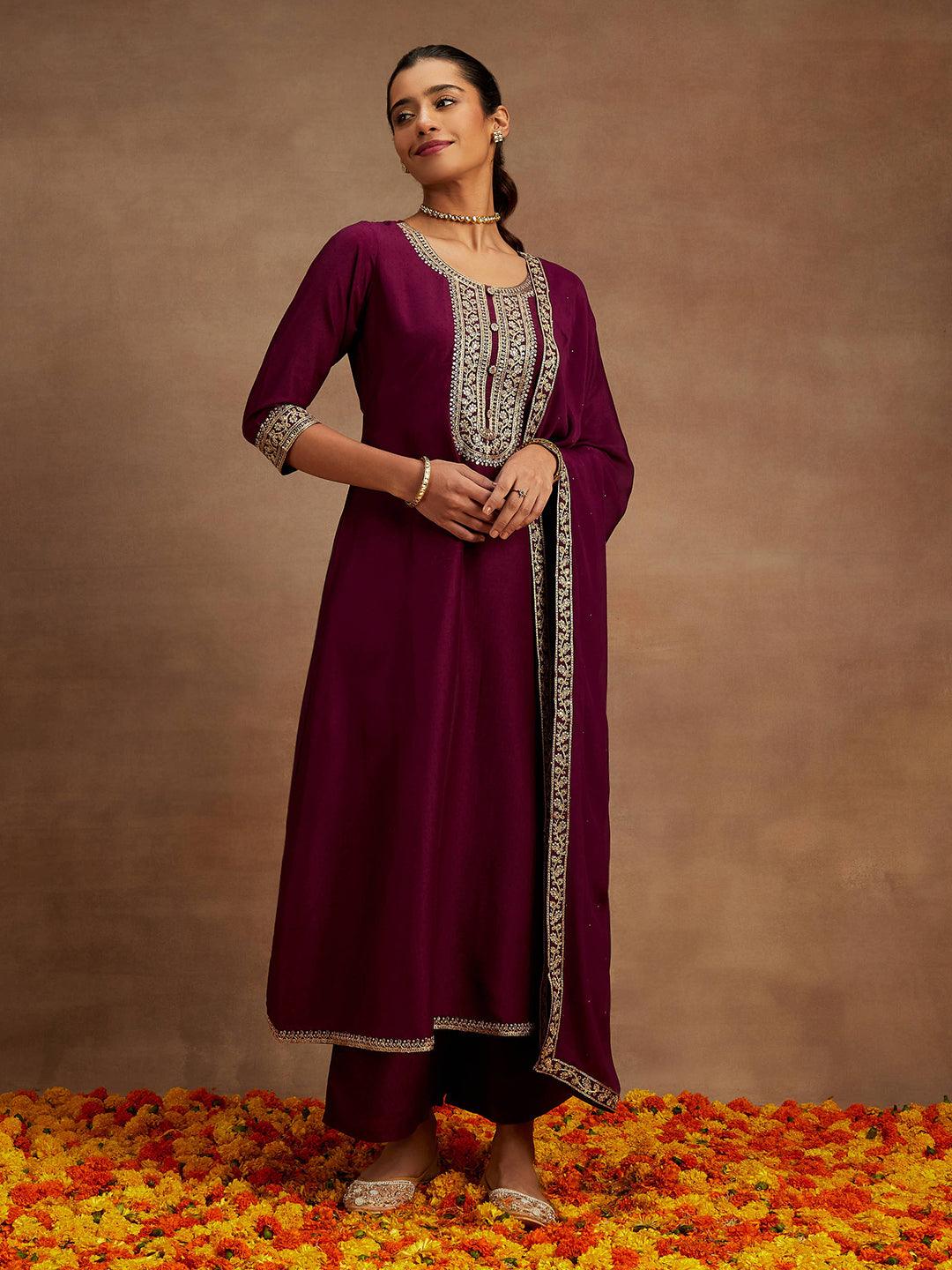 Purple Yoke Design Silk Blend A-Line Kurta With Palazzos & Dupatta - Libas 