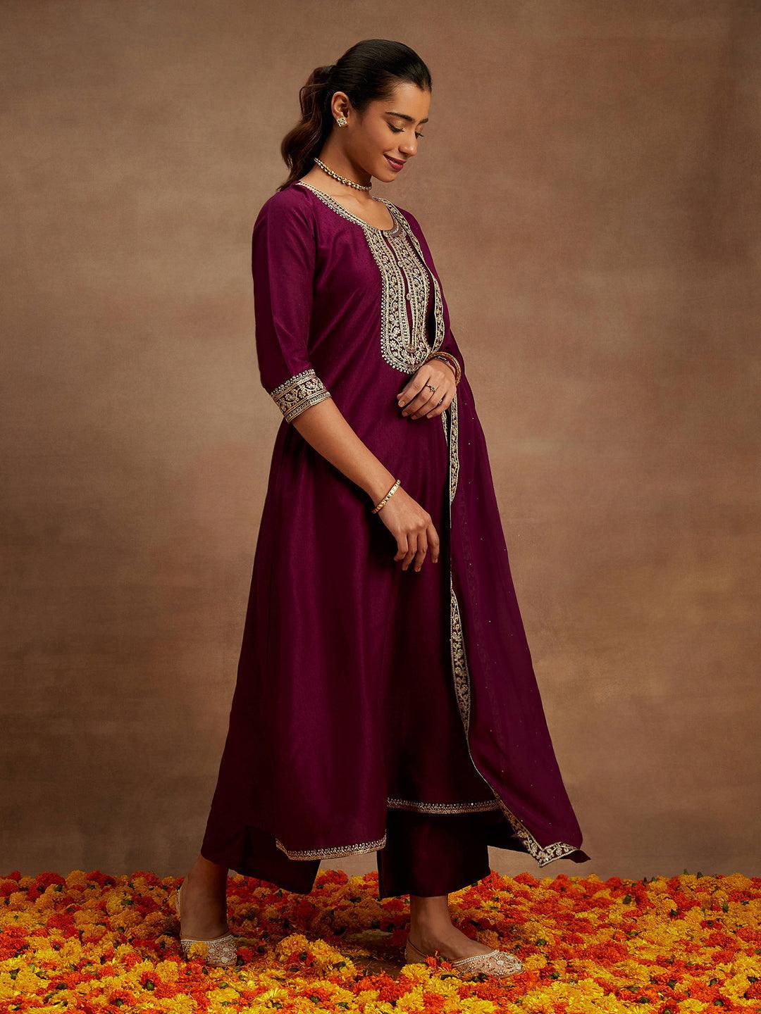 Purple Yoke Design Silk Blend A-Line Kurta With Palazzos & Dupatta - Libas 