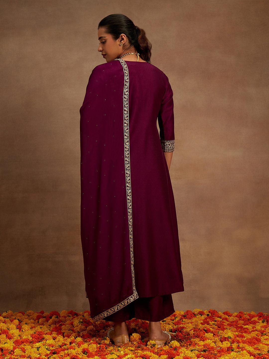 Purple Yoke Design Silk Blend A-Line Kurta With Palazzos & Dupatta - Libas 