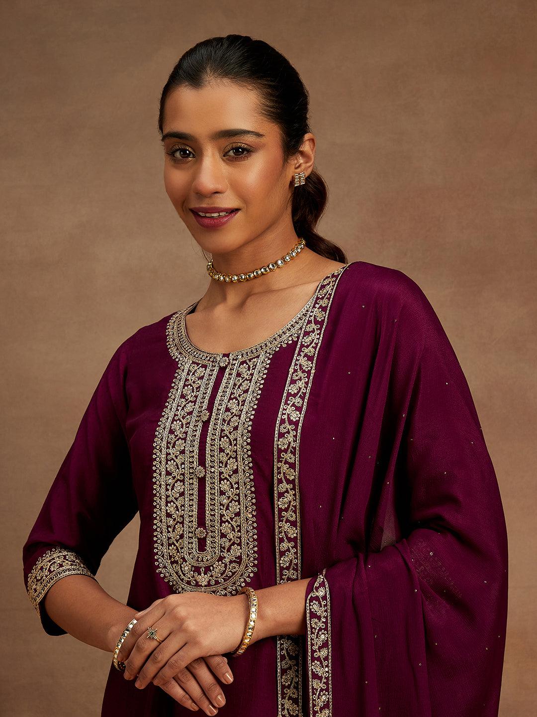 Purple Yoke Design Silk Blend A-Line Kurta With Palazzos & Dupatta - Libas 